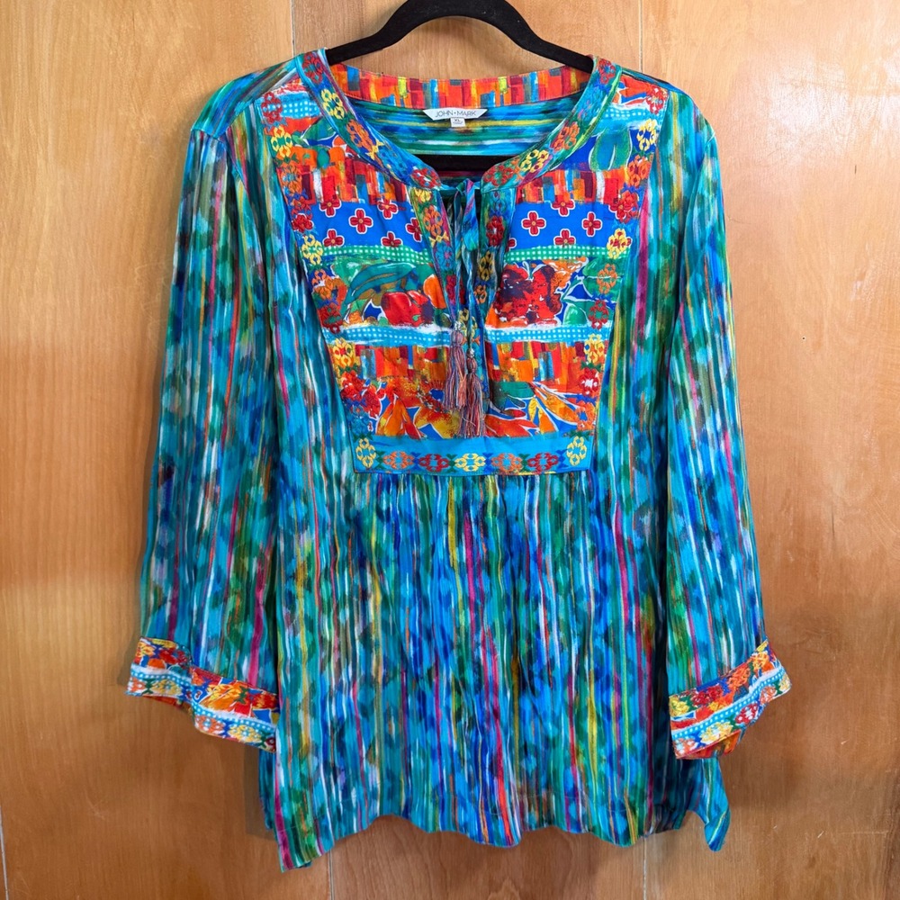 John Mark XL Boho Embroidered Ikat Print Tassel Tie Blouse
